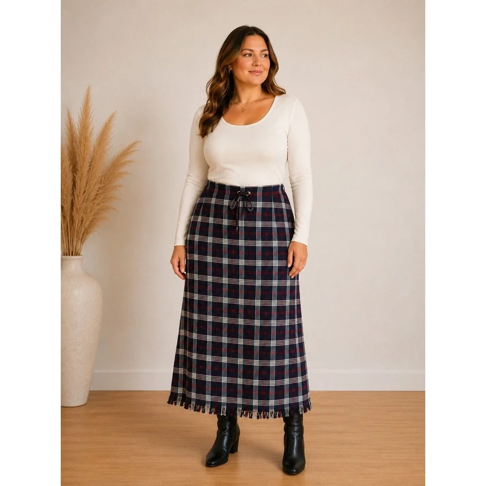 Maxi Skirt Women 12 Navy Red Plaid Fringed Hem Front Tie Preppy Academia‎